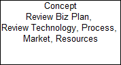 Concept

Review Biz Plan, 

Review Technology, Process, 

Market, Resources